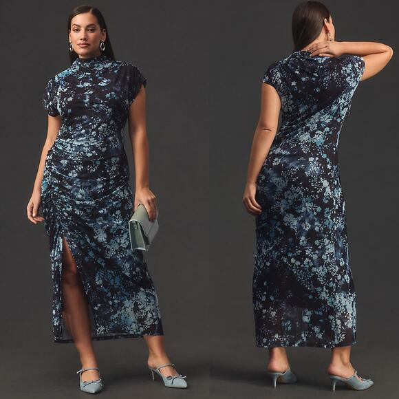 Anthropologie Maya Blue Floral Print Ruched Mesh‎ Cowl Neck Midi Dress Size XS - Picture 7 of 10